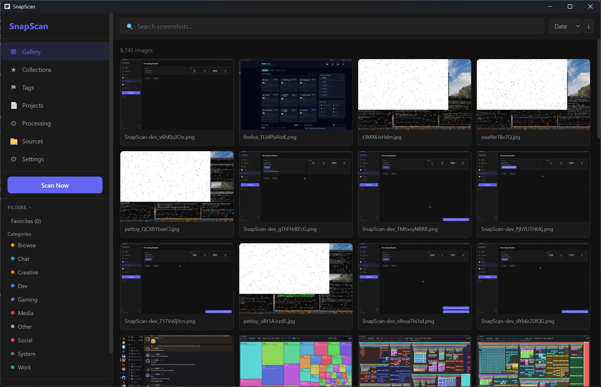 SnapScan sidebar showing category filters: Browse, Chat, Creative, Dev, Gaming, Media, Social, System, Work