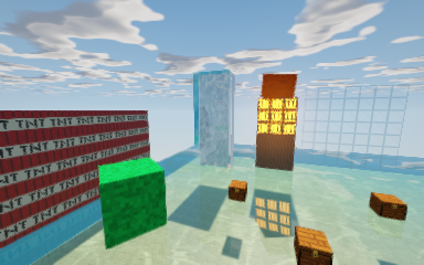 A small water-and-reflection test scene from October 14, 2026, with glass, a waterfall and lit blocks.