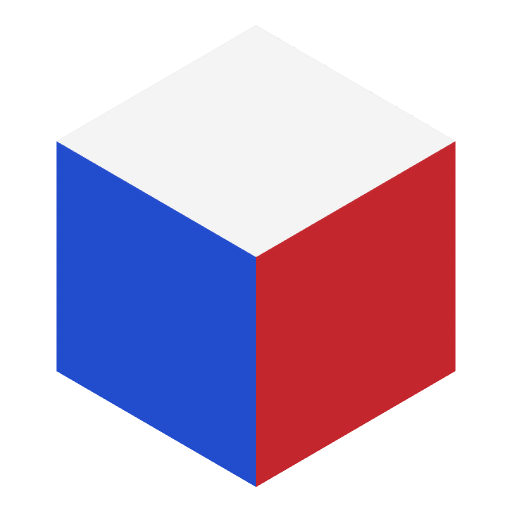 A single boxel with white, blue and red on its three visible faces.