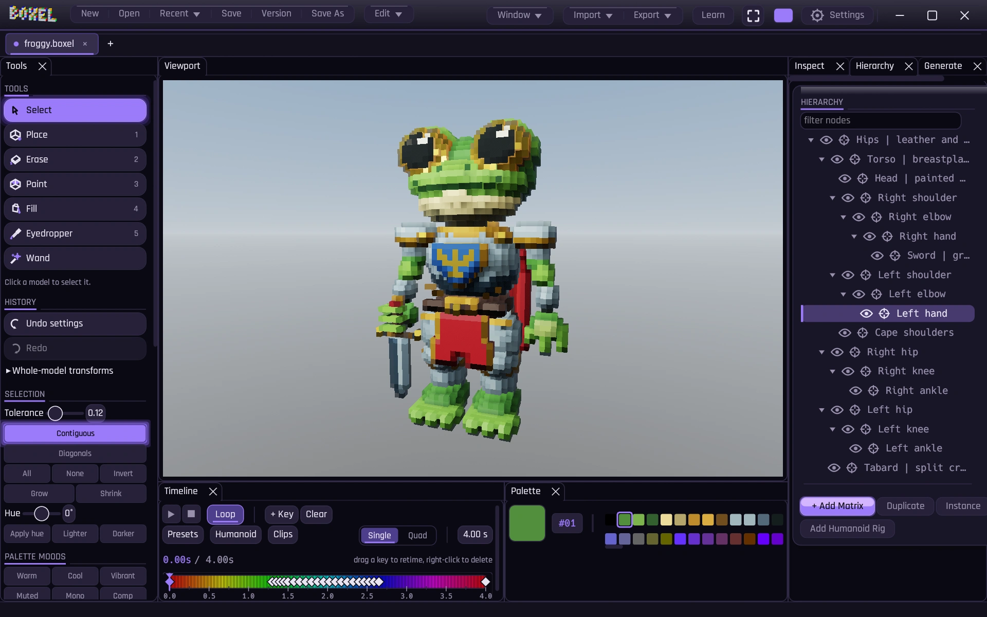 The Boxel desktop editor, with a model in the viewport and its tools, scene hierarchy, palette, and timeline arranged around it.