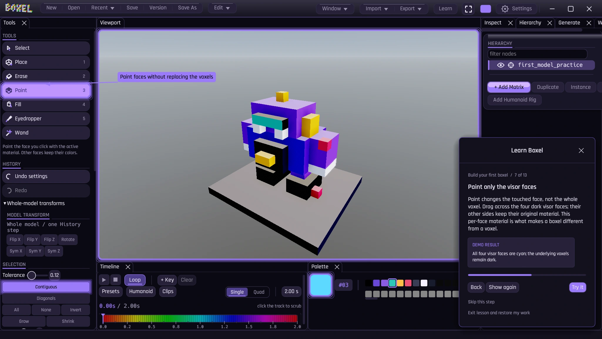 A guided Boxel lesson showing Patch, a small purple practice robot, and the face-painting instructions.