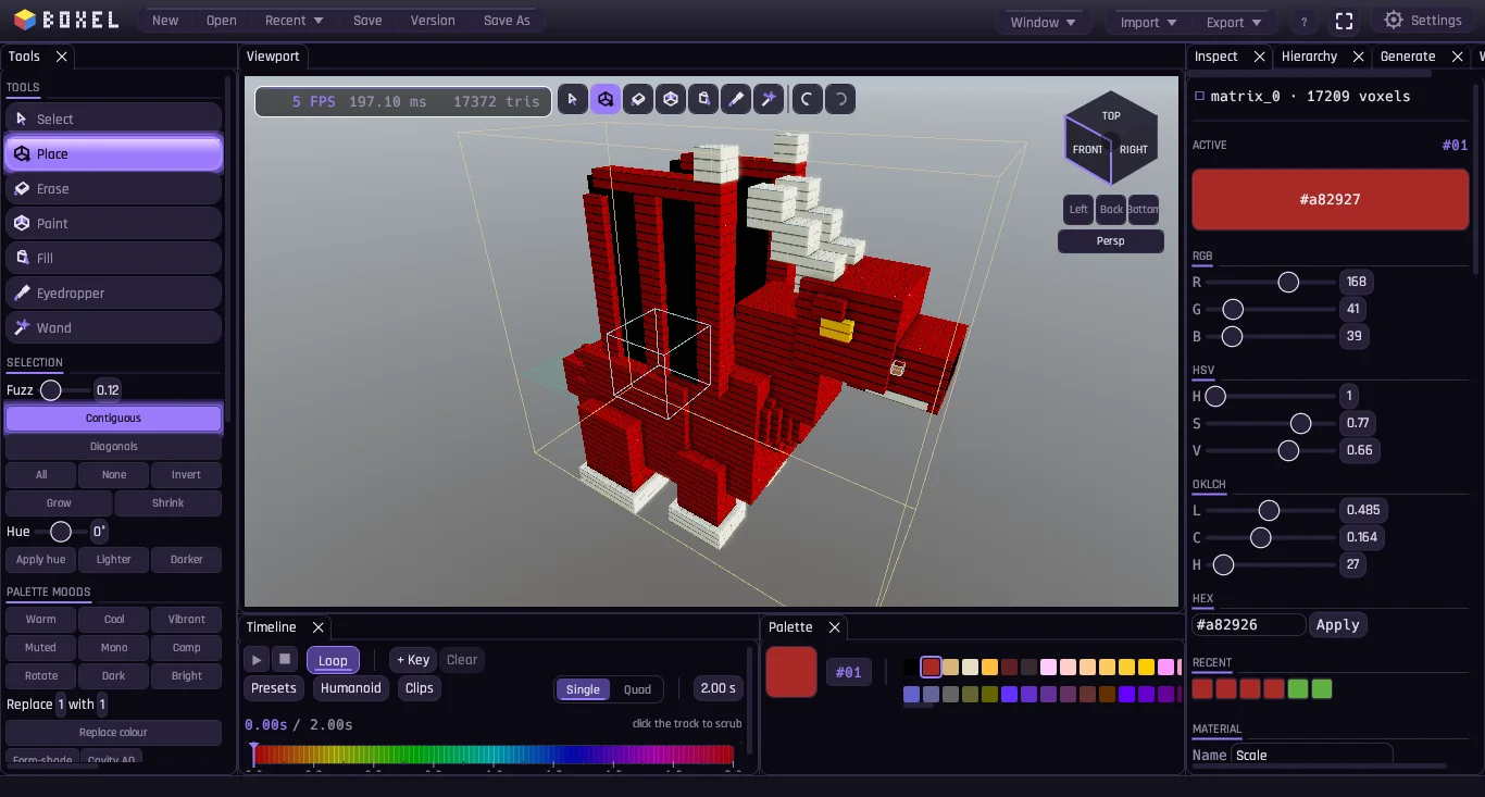 The Boxel editor: tool rail, a red voxel dragon in the viewport with the ViewCube corner gizmo, hierarchy and inspector panels