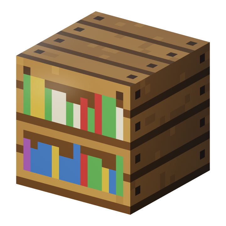 A boxel bookshelf with colorful books painted on the front and wooden boards on the top and sides.