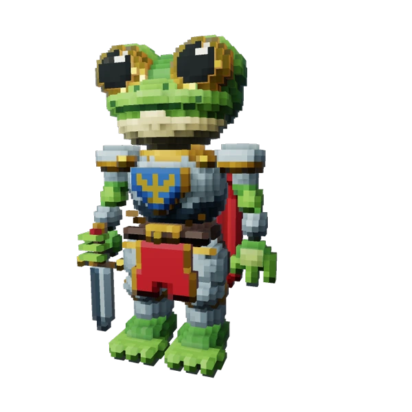 Froggy, a green boxel knight with silver armor, a red cape and a sword at his side.