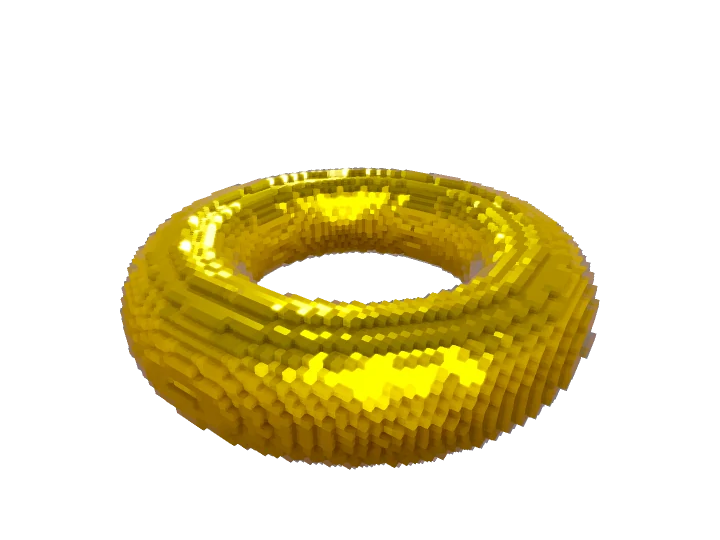 Gold metallic voxel torus, floating with transparent background