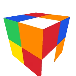 The Boxel mark: a 2x2x2 boxel cube, every corner three colors