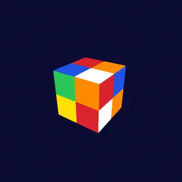 A 2x2x2 cluster of eight boxels spinning: every corner where cubes meet shows exactly three clean colors, no repeats
