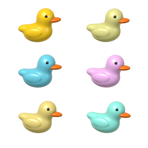 Six glossy rubber ducks in yellow, lime, blue, pink, cream, and mint.