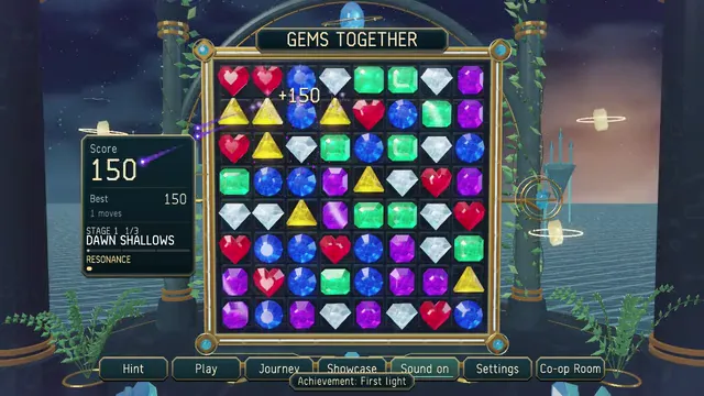 Gems Together in Dawn Shallows, with the shared board, score panel and cabinet controls.