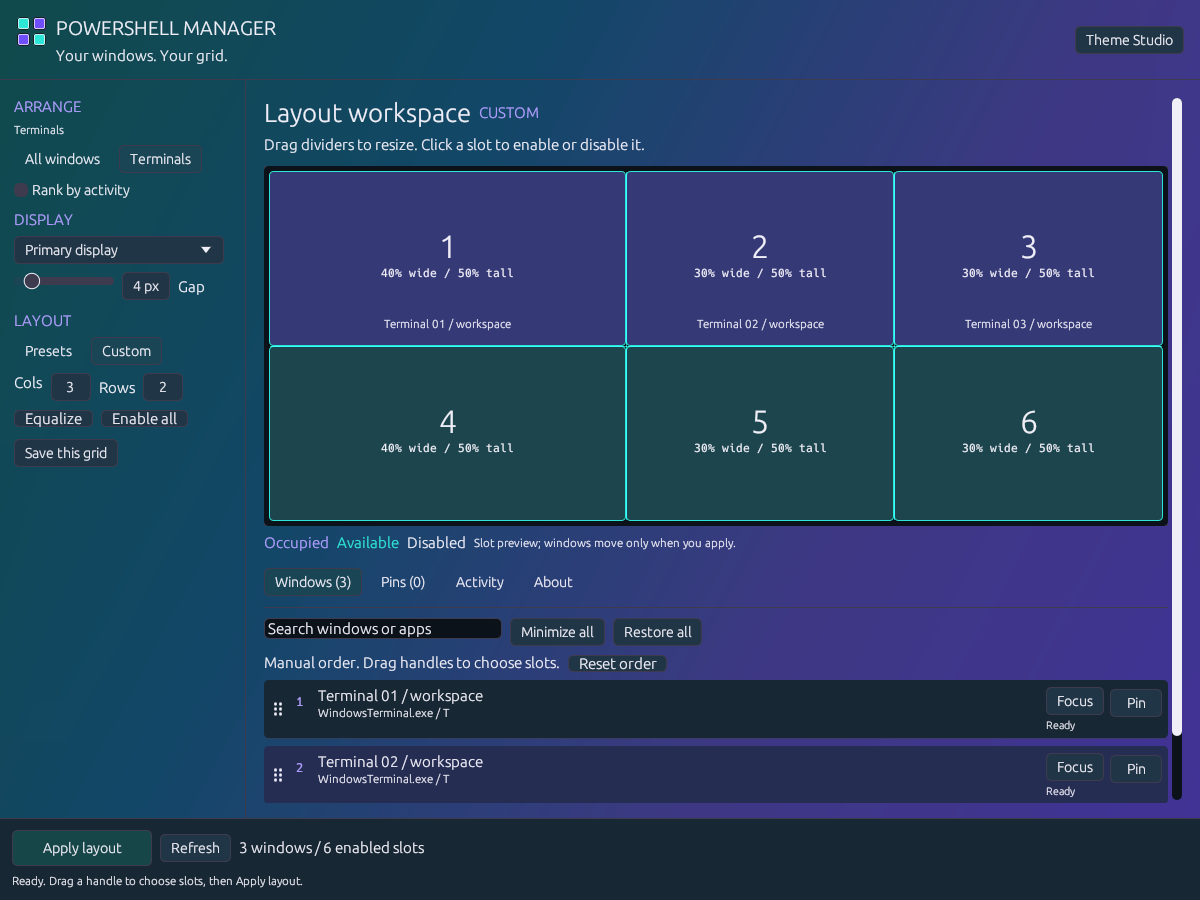 PowerShell Manager weighted grid and terminal list