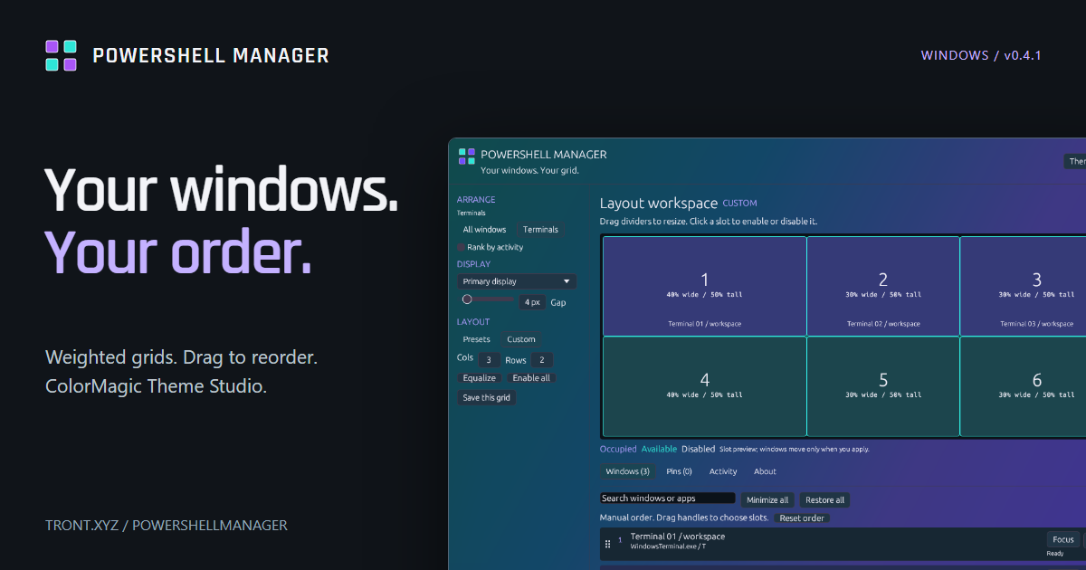 PowerShell Manager with its colorful layout workspace