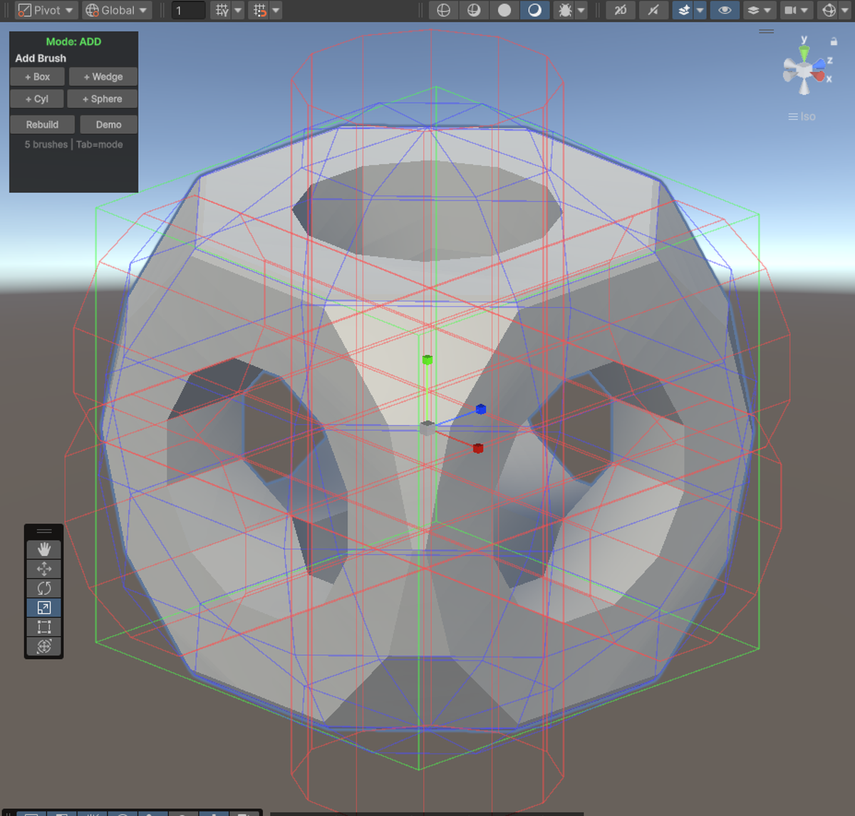 RuntimeCSG editor view with brush hierarchy and inspector