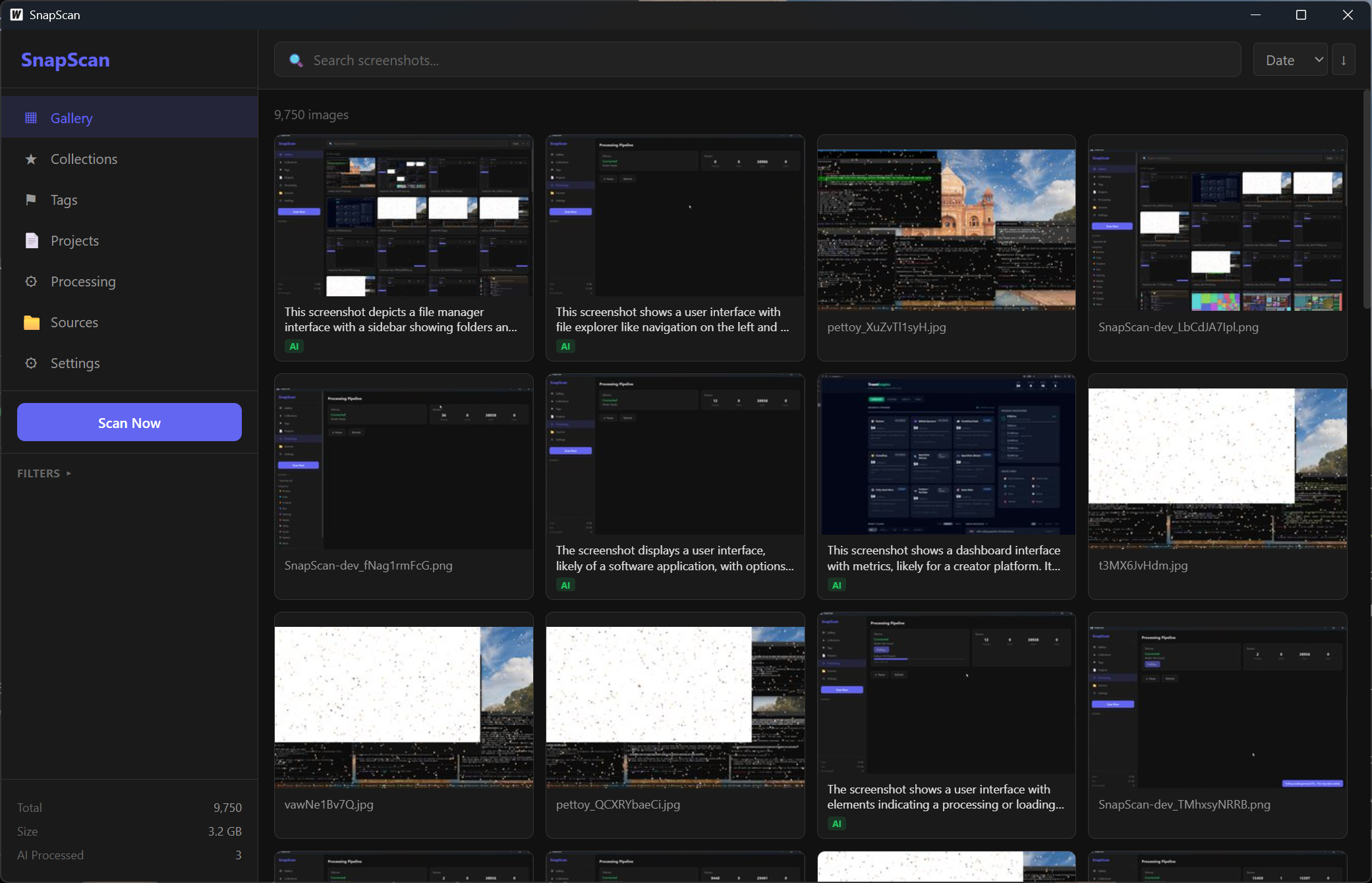 SnapScan app showing screenshot gallery with AI labels and categories