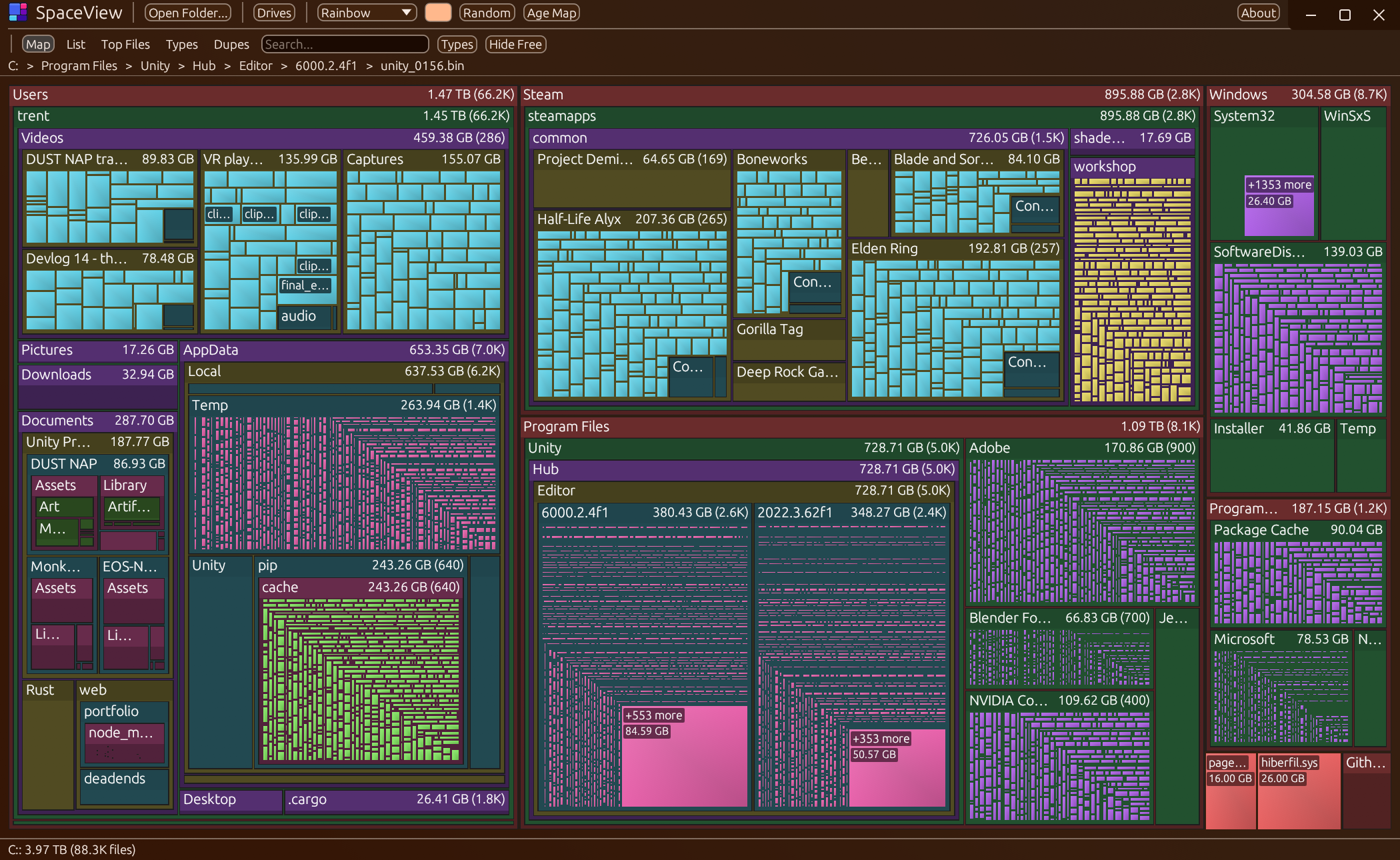 SpaceView v0.16.2 native treemap in the Chrome Sunset theme, with outlined controls and readable labels