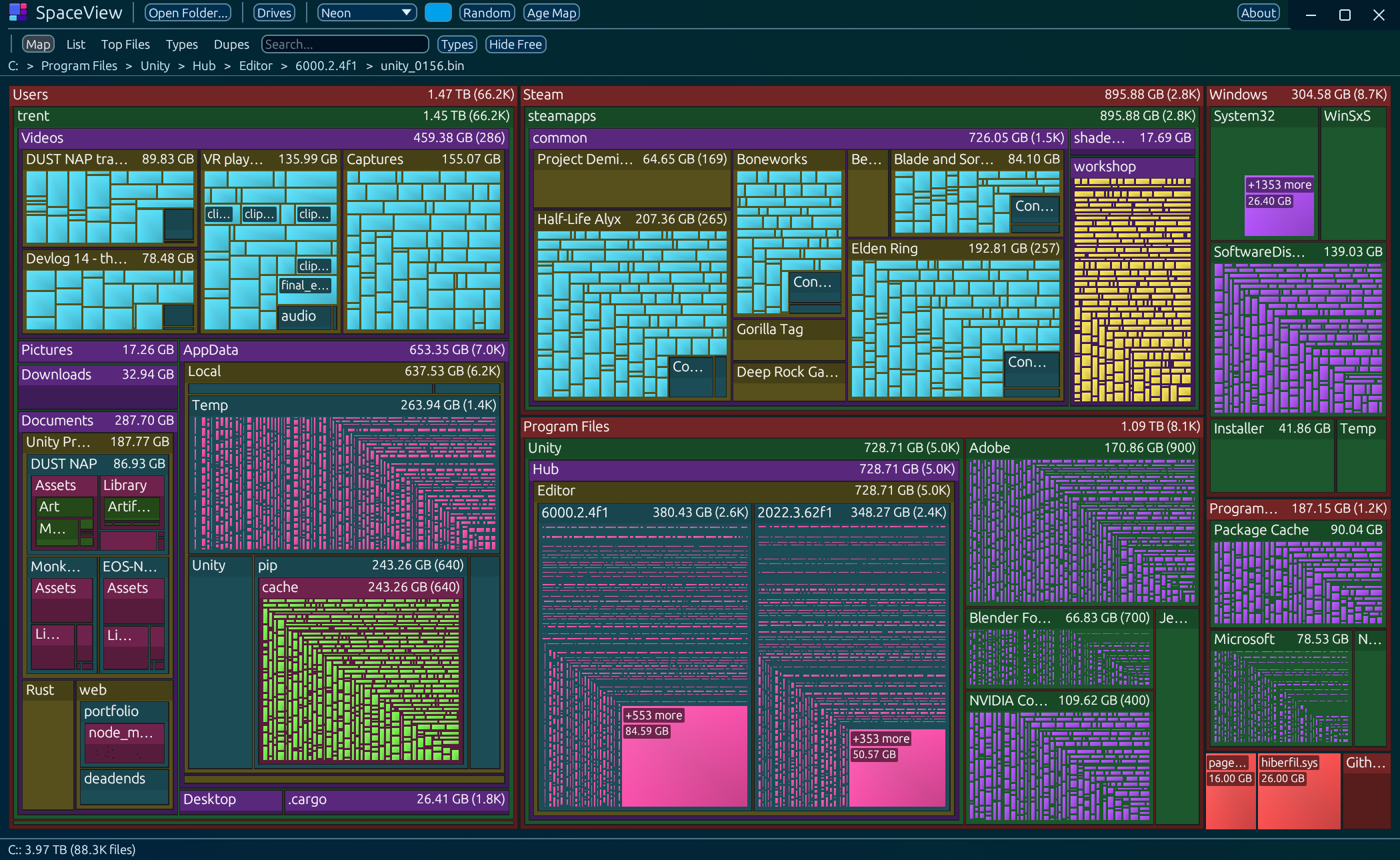 SpaceView treemap in the Matrix Rain theme with the Neon palette