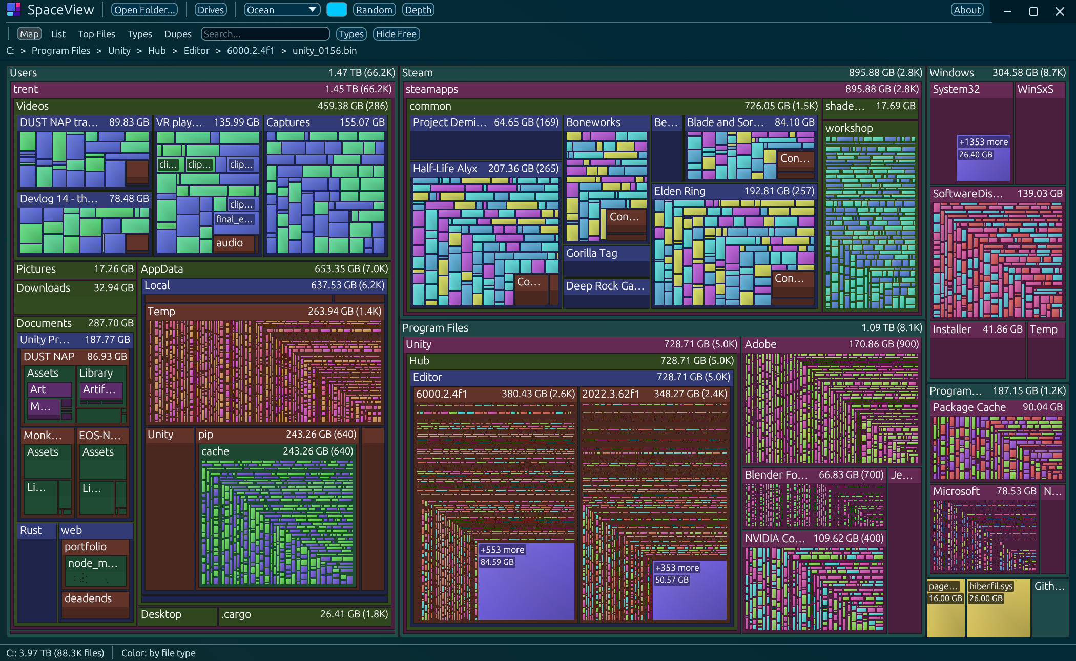 SpaceView by type: every block colored by extension, Aurora Sky theme with the Ocean palette