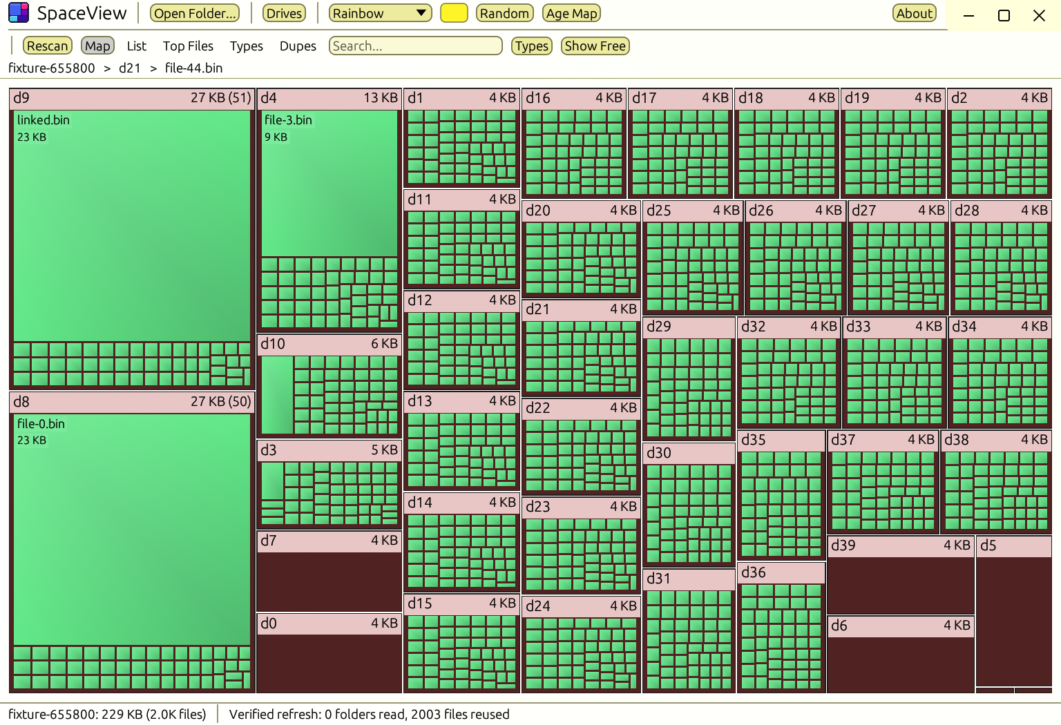 SpaceView verified rescan of a 2,003-file test fixture, showing zero folders read and 2,003 files reused
