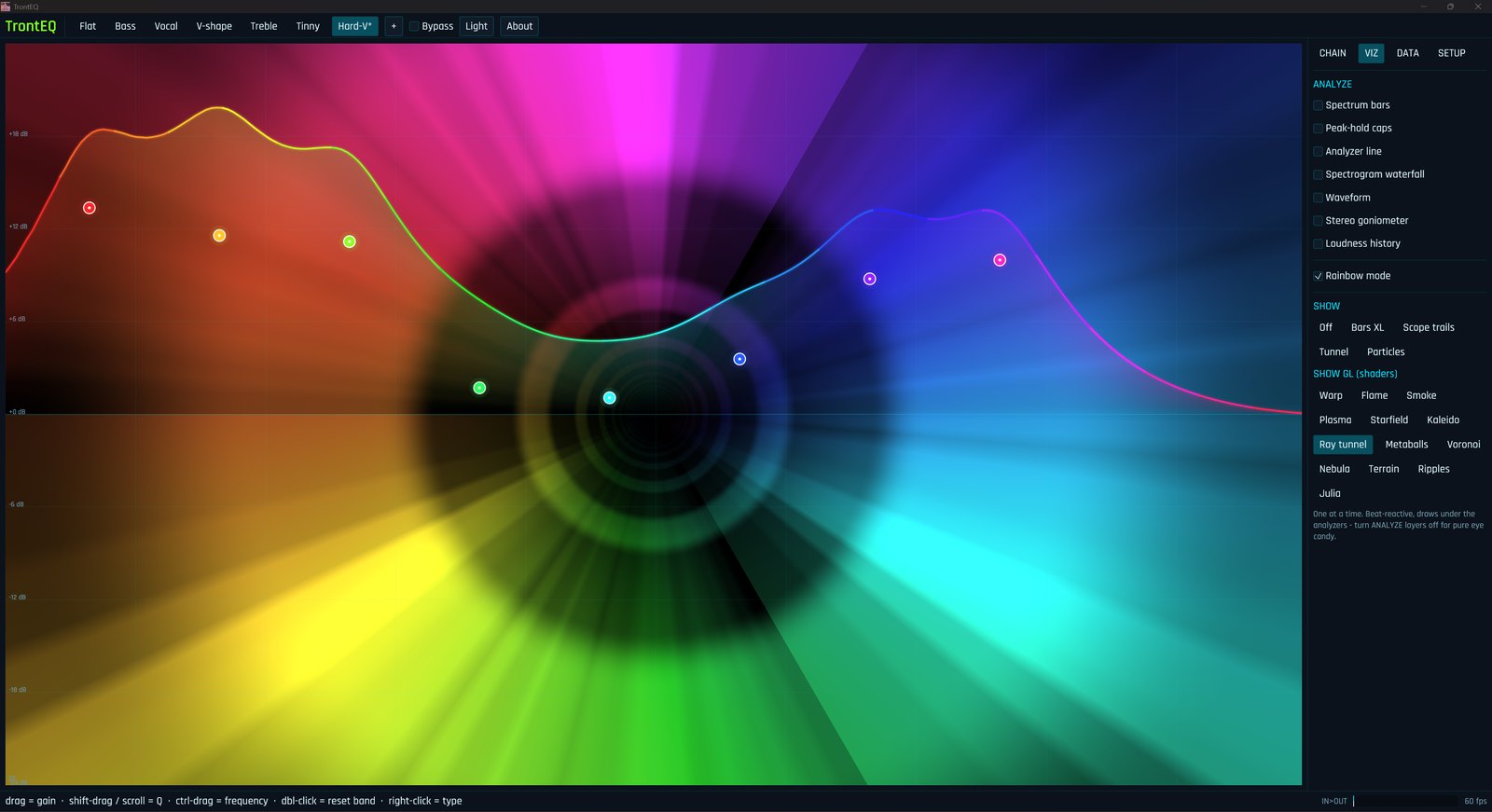 TrontEQ running the Ray tunnel GL shader mode, a rainbow tunnel behind the EQ curve