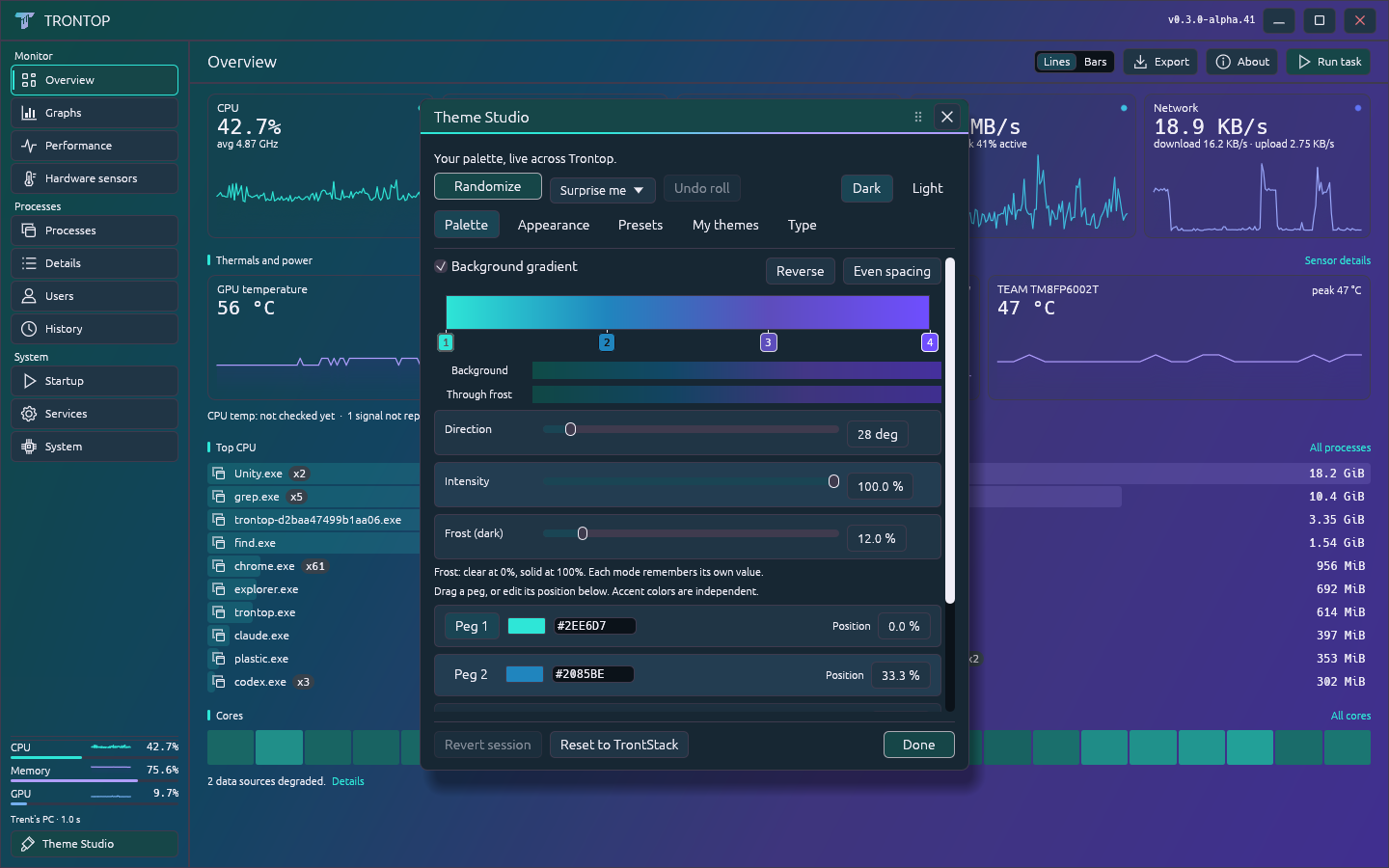 Theme Studio's gradient, intensity and frost controls