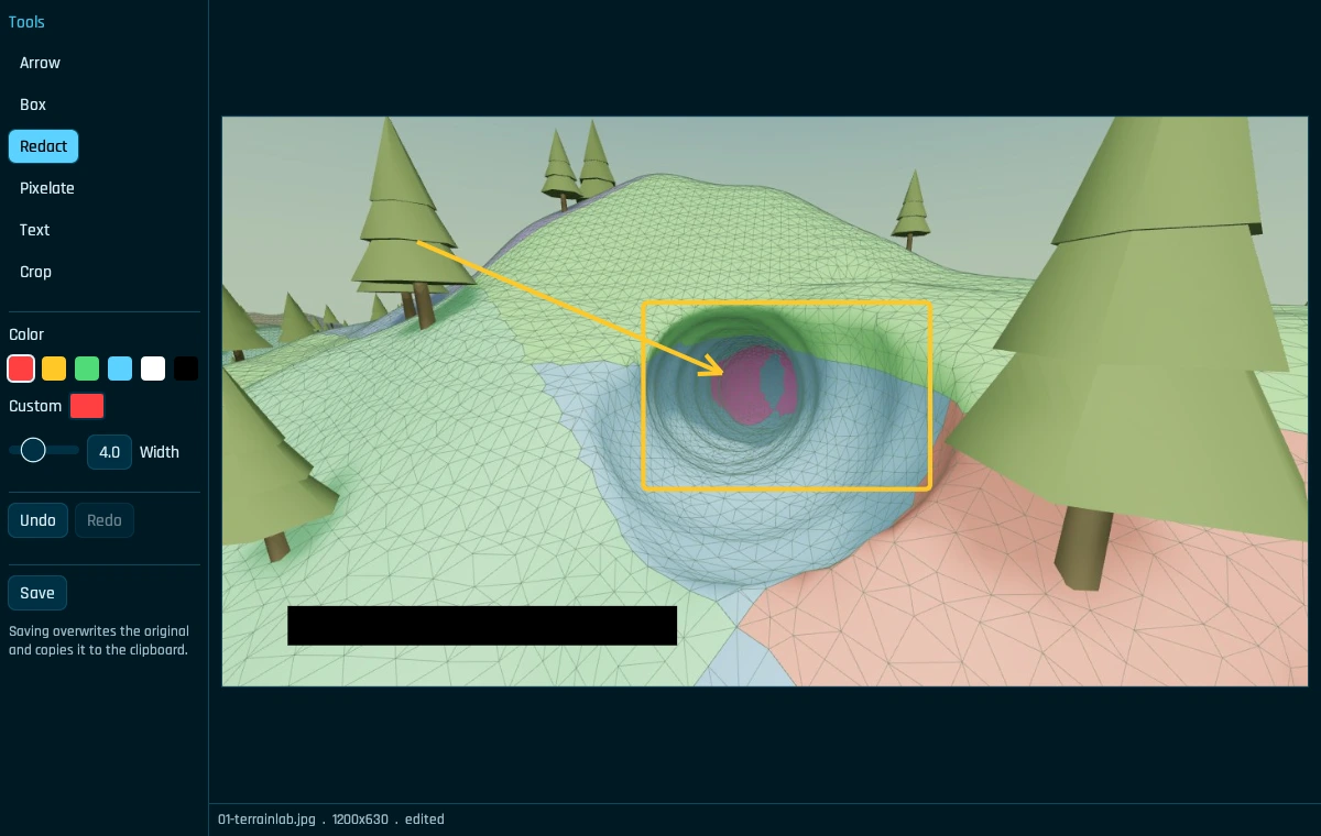 TrontSnap annotation editor with an arrow, a box and a solid black redaction on a public Terrain Lab screenshot