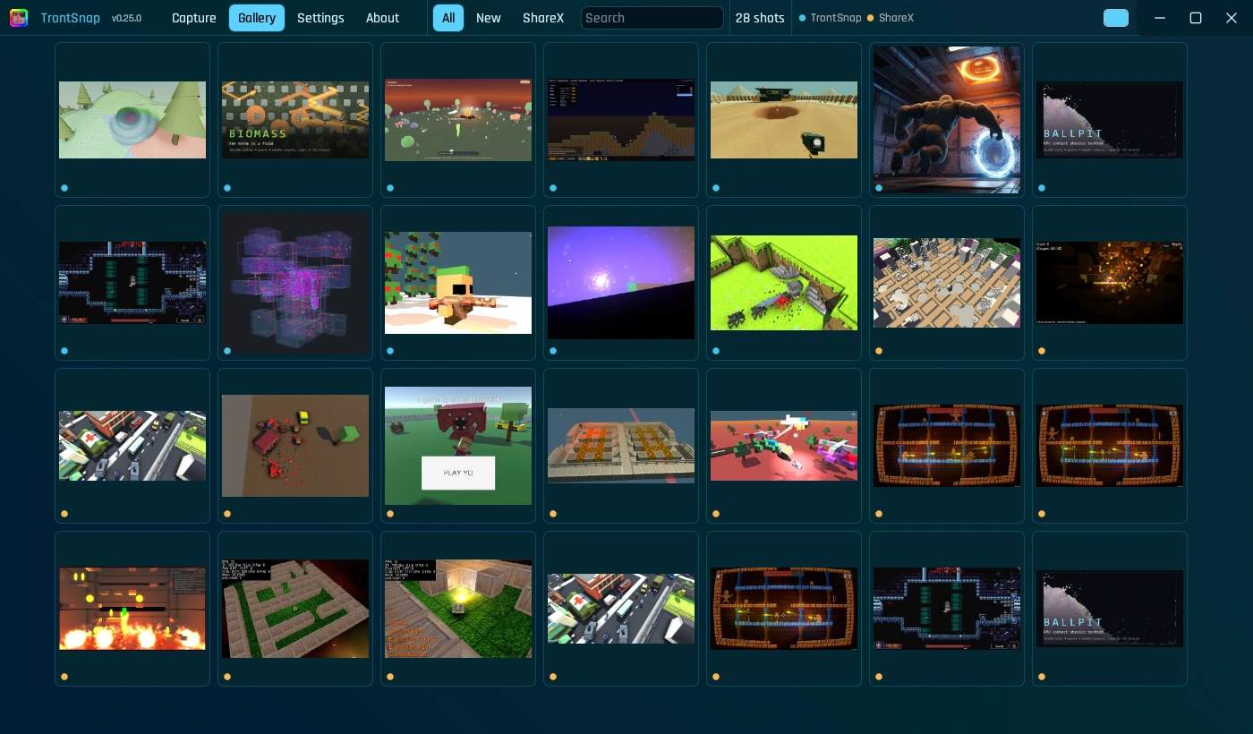 Current TrontSnap gallery: capture menu, filters, search and a grid of public game screenshots