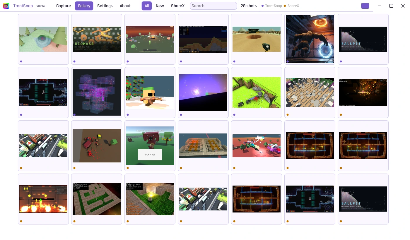 TrontSnap's light-mode gallery with a violet accent and public screenshot history