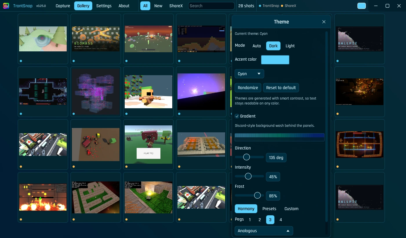 The current TrontSnap gallery with its floating theme controls open
